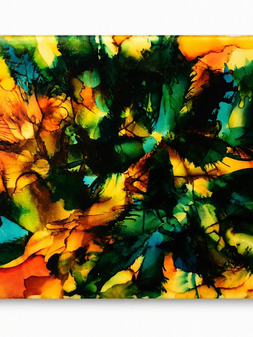 Vibrant Abstract Ceramic Tile Art in Green, Blue and Yellow